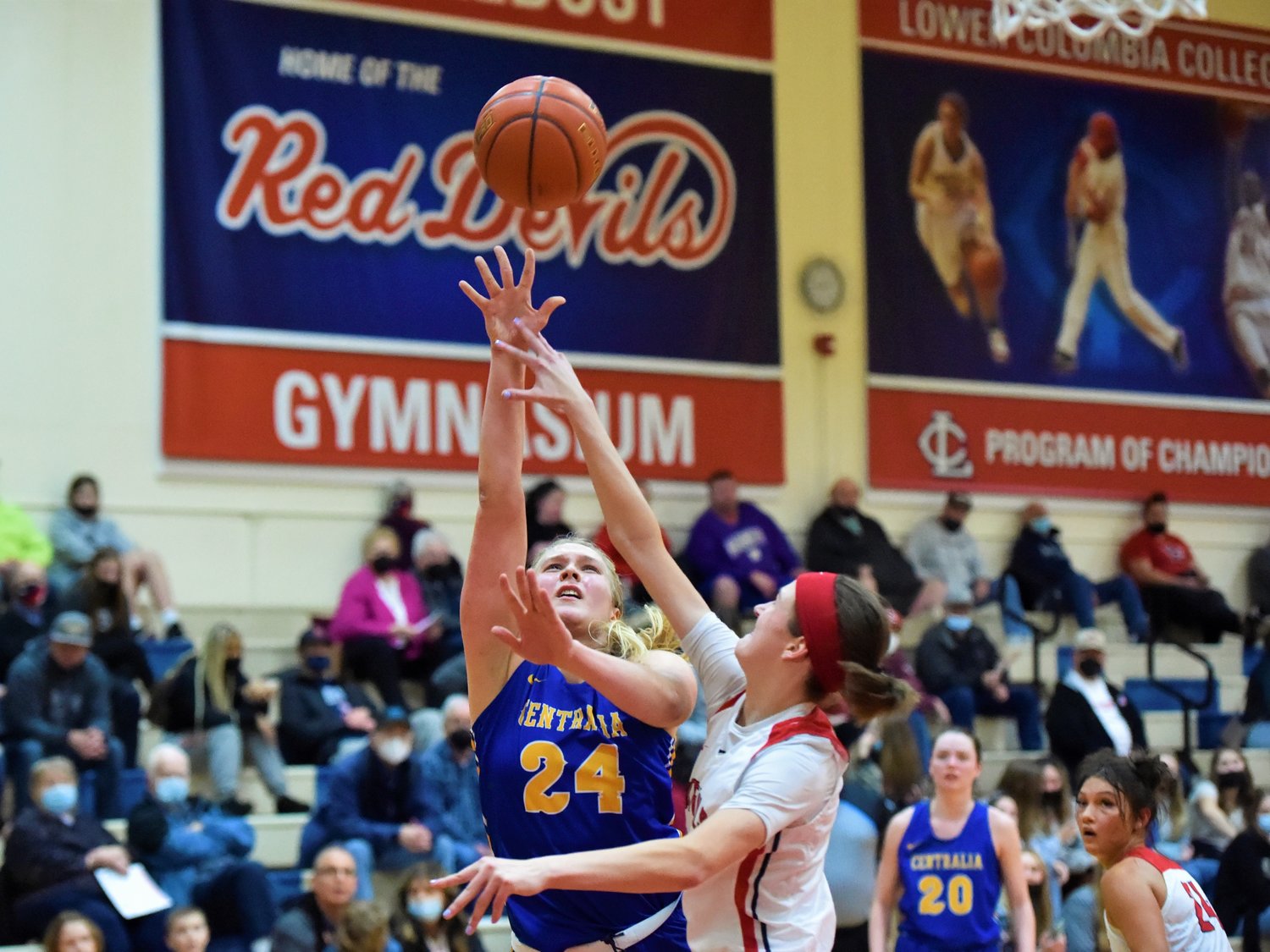 Centralia College's Paige Winter throws up a shot against Lower Columbia College on Feb. 2.